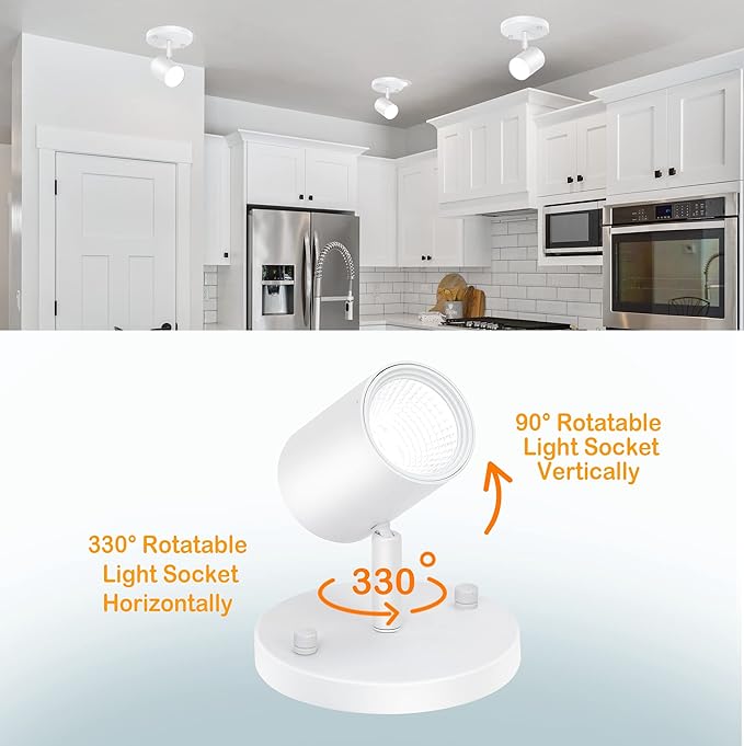 CLOUDY BAY LED Flush Mount Ceiling Spot Light,CRI90+ 9W 3000K 4000K 5000K Selectable Dimmable,Adjustable Tilt Angle Ceiling Track Light Head,White