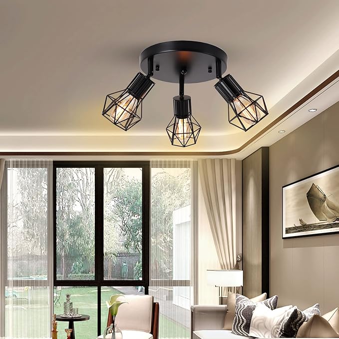 3-Light Flush Mount Ceiling Light Fixture, Industrial Kitchen Light Fixtures Ceiling, E26 Black Farmhouse Ceiling Light Fixture Black for Dining Room Hallway Entryway