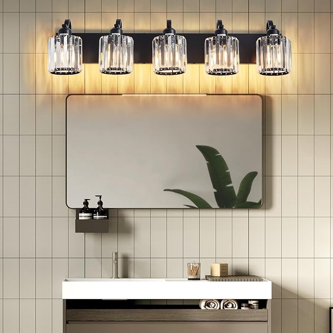 Crystal Vanity Light Black 5 Lights Modern Bathroom Vanity Lighting Fixtures with Crystal Round Shade Over Mirror (Exclude Bulb)