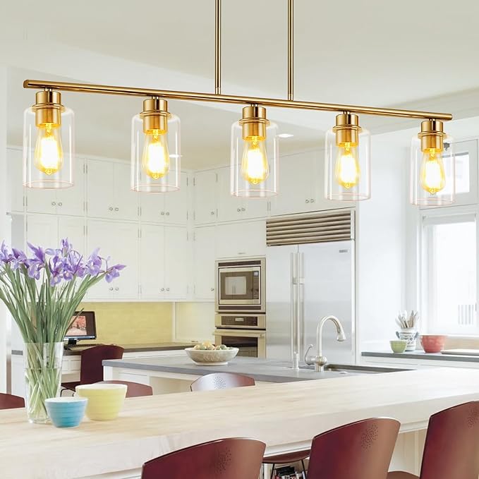 mavcadonf Kitchen Island Light, 5-Light Pendant Lighting, Farmhouse Industrial Dining Room Light Fixtures for Kitchen Island Dining Living Room, Brushed Gold with Clear Glass Shade