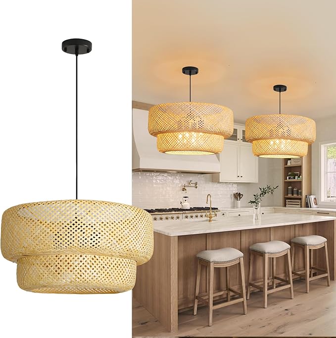 23.62” Farmhouse Bamboo Chandelier 4-Lights Large Hand-Woven Rattan Pendant Light Boho Wicker Dining Room Lights Fixtures for Living Room Bedroom Restaurant Cafe Kitchen Island