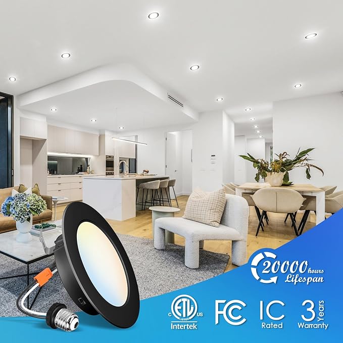 LVWIT 4 Inch Black LED Recessed Lighting, Slim Can Lights, 6W=85W,700LM,5CCT Color Selectable, Dimmable Downlight with E26 Conversion Kit, 12 Pack,IC Rated