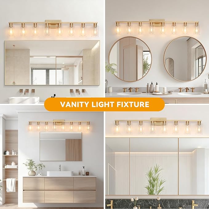 8 Light Bathroom Vanity Light Gold Bathroom Light Fixtures Brass Vanity Lights for Bathrrom 46 in Large Wall Sconce Brush Gold with Clear Glass Shade for Over Mirror