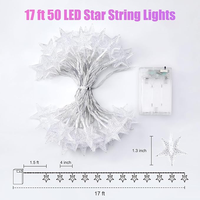Minetom Star String Lights Battery Operated - 17 ft 50 LED Star Fairy String Lights with Timer, Waterproof for Indoor Bedroom Tent Loft Bed Patio Party Wedding Decor, Multi-Color