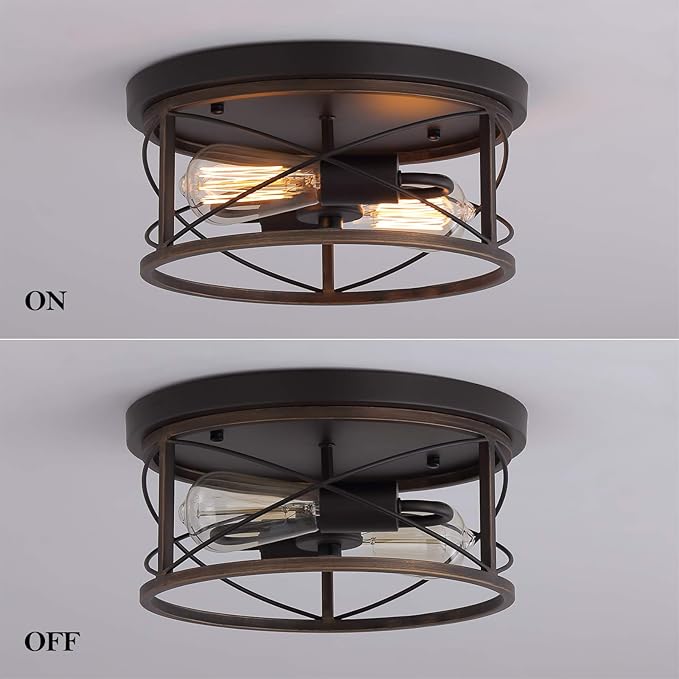 Q&S Farmhouse Ceiling Light Fixture Flush Mount,ORB+Bronze,Rustic Vintage Mini Ceiling Lighting for Hallway Entryway Kitchen Dining Room Bedroom Garage Gazebo Locker,2 Lights UL Listed