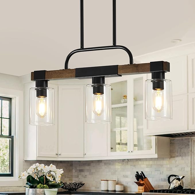 Farmhouse Dining Room Light Fixtures Over Table,Rustic Ceiling Pendant Lights Kitchen Island,3-Light Wood Kitchen Island Lighting Linear Chandelier with Clear Glass lampshade