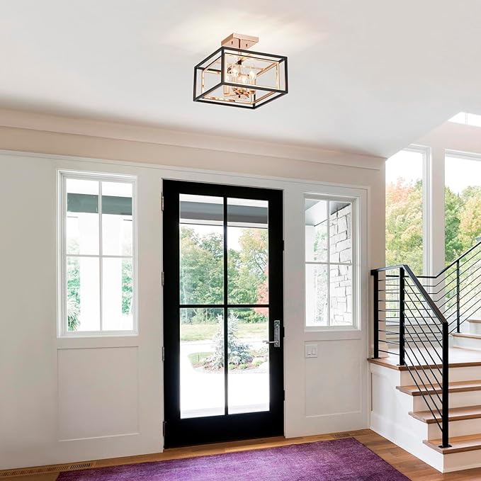 AGV LIGHTING CL055G Modern Semi-Flushmount Ceiling Light Fixture, Square Ceiling Light, E12 Base 4-Lights, L12 x W12 x H10, Matte Black & Shinny Gold Finish