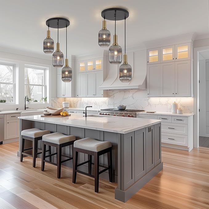FRIXCHUR 3-Light Pendant, Mid Century Style Glass Shades with E26 Sockets, Adjustable Retro Pendant Light with Gold Accents, Ideal for Kitchen Islands and Living Rooms (Smoky Grey)