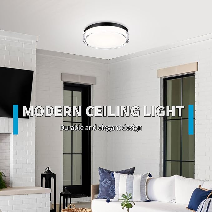 12 inch Flush Mount Ceiling Light Fixture, 3CCT LED Ceiling Lights, Black Modern Dimmable Lighting for Hallway Bathroom, Crystal Prismatic Featured, 3000K/4000K/5000K