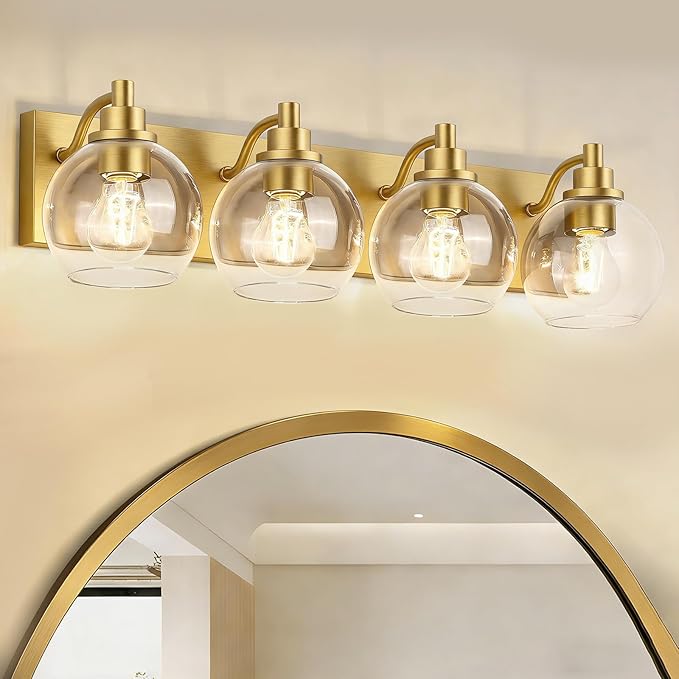 IZORRO Bathroom Light Fixtures, 4 Light Brushed Gold Vanity Light, Modern Wall Sconces with Globe Clear Glass Shade, Vanity Lighting Fixtures Over Mirror,E26 Bulb Socket