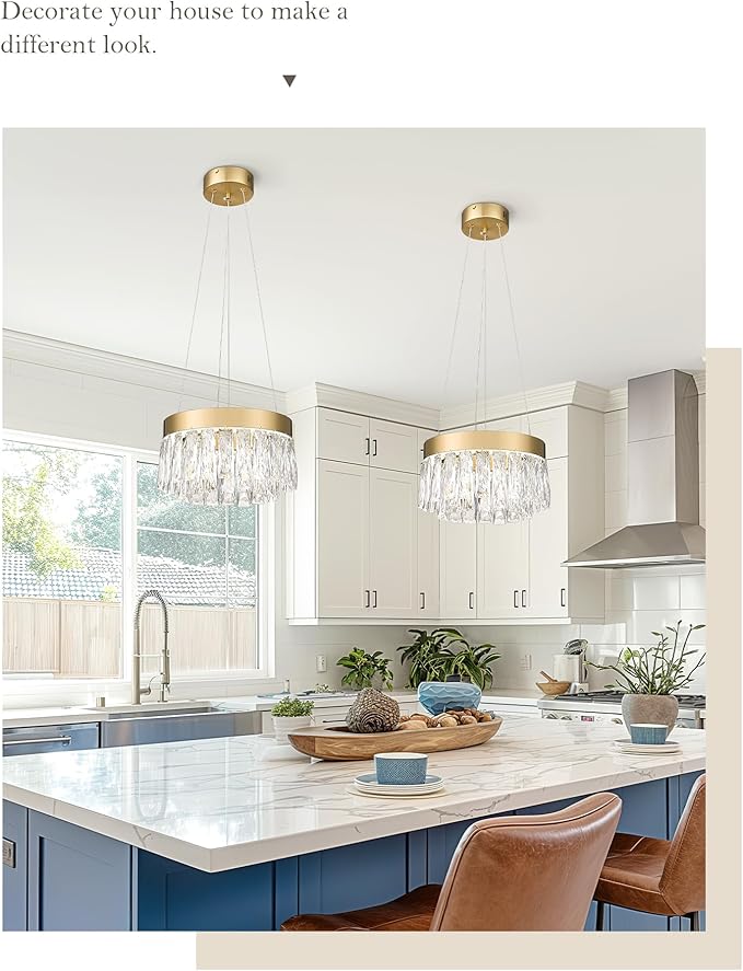 2-Tier Crystal Gold Chandelier, LED Modern Chandelier, 6000K Cool White Pendant Light for Bedroom Kitchen Dinning Room Entryway, CC5612-LED-BG