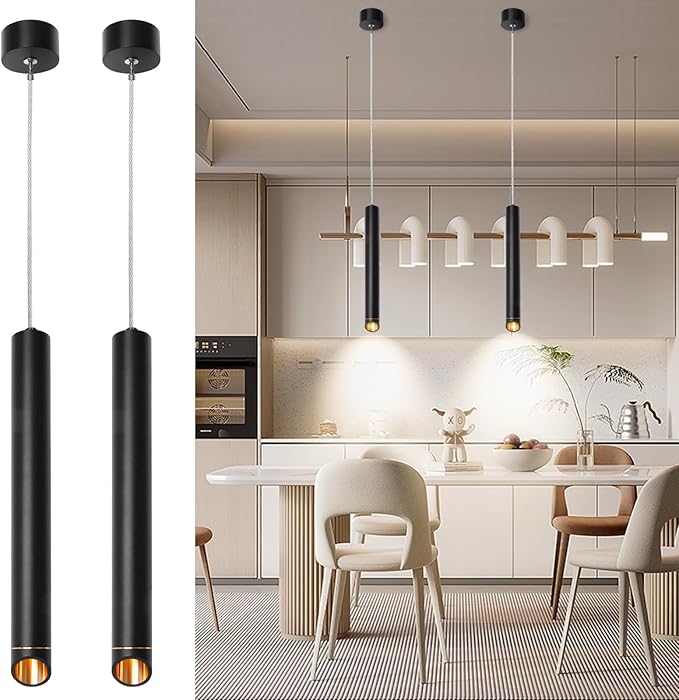 Rechargeable Pendant Lights Fixtures for Kitchen Island, Modern Pendant Light, 6000mAh Battery, 3 Color Dimmable No Wiring Hanging Lights, Adjustable Industrial LED Cylinder Pendant Lamp-Black