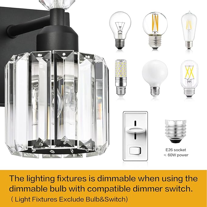 PRESDE 5-Light Crystal Bathroom Vanity Light Modern Matte Black Bathroom Lights Fixtures Over Mirror Wall Lamp for Over Mirror Bedroom Hallway