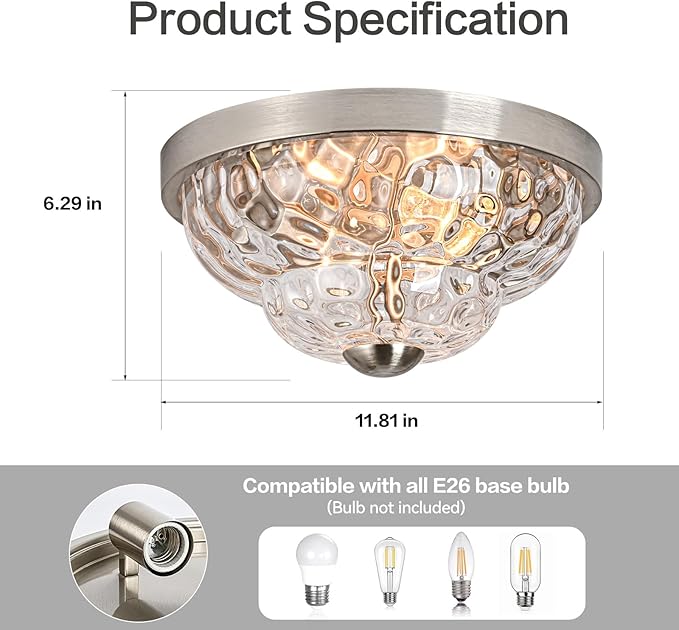 Flush Mount Ceiling Light Fixtures, 2-Light Ceiling Mount for Farmhouse with Seeded Glass Lampshade, Industrial Flush Mount Light Fixture Farmhouse for Hallway, Kitchen, Entryway,Bedroom