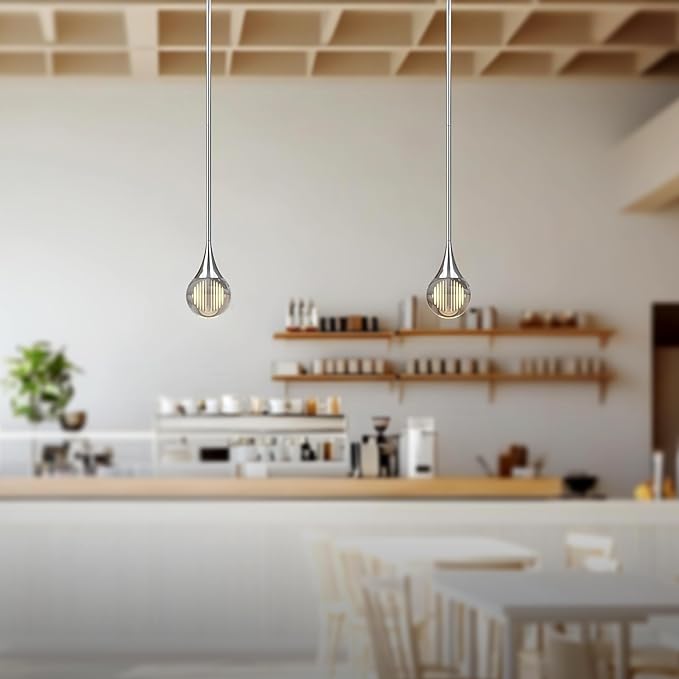 3-Pendant Lights Kitchen Island, Chrome Silver Globe Crystal Ceiling Hanging Light Fxitures, LED Light Fixtures Metal Rod Ceiling Glass Pendant Lighting for Kitchen Island Dining Room Bar