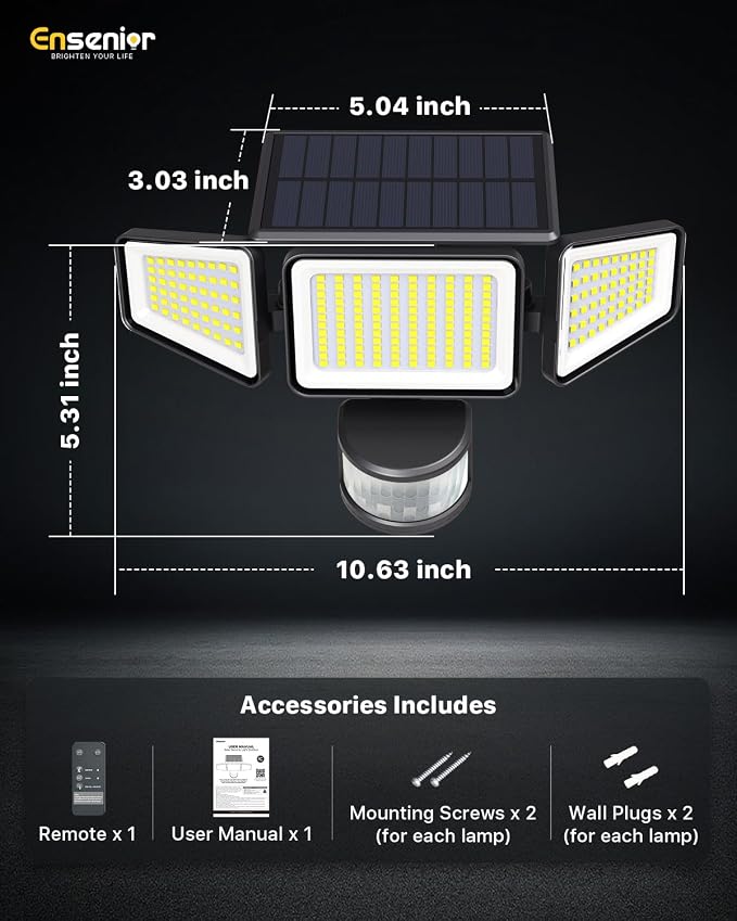 Ensenior Solar Motion Lights Outdoor, 228 LED 3000LM High Brightness Security Lights with Remote Control, IP65 Waterproof 3 Heads Flood Light 4 Modes, 270° Wide Angle Motion Sensor Light, 2 Packs