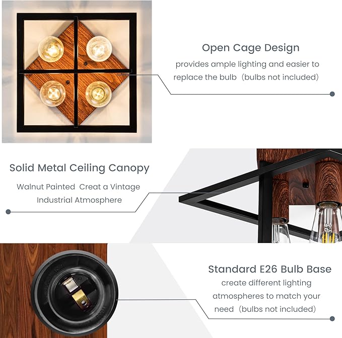 Semi Flush Mount Ceiling Light Fixture, 4 Light Industrial Ceiling Light with Black Frame & Wood Grain Accent, Close to Ceiling Farmhouse Lighting for Kitchen, Bathroom, Bedroom, Hallway (E26,1-Pack)