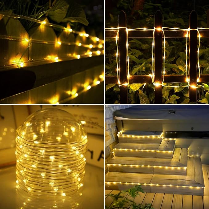 Solar Rope Lights, 33ft 100LED Solar String Lights, 8 Modes Waterproof Solar Outdoor Light, Flexible Clear Trampoline Light for Garden Backyard Patio Deck Porch, Pool Tree Decoration - Warm White
