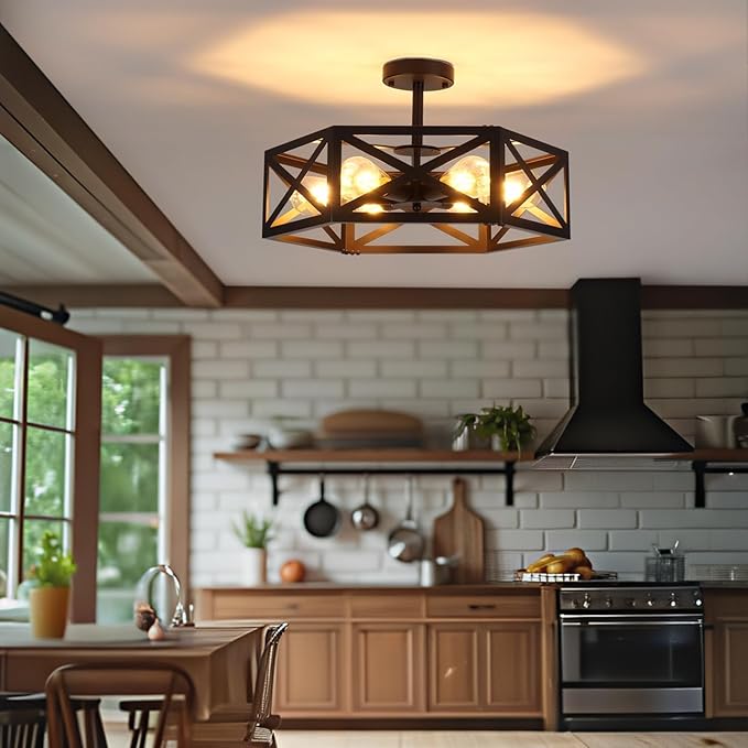 Semi Flush Mount Ceiling Light Fixtures, 6-Light Modern Metal Farmhouse Semi Flush Mount Chandelier, Industrial Ceiling Mount Light Fixtures for Kitchen Island, Dining Room, Entryway, Hallway