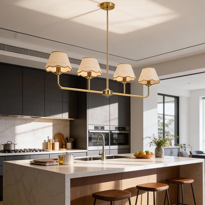 Boho Industrial 4-Light Linear Kitchen Island Light, 39" Gold Rattan Chandelier with Woven Rattan Shades, 180° Rotatable & Height Adjustable Dining Room Lighting for Living Room Bar, E12 Base