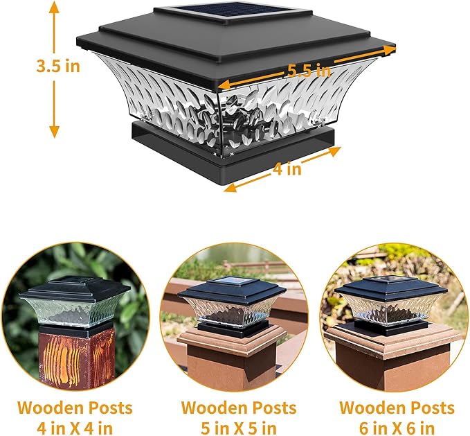 HUYIENO Solar Post Cap Lights Outdoor LED Lighting Deck Fence Cap Light Two Light Modes Warm White/Bright White Suitable for 4x4 Wooden Posts Black 4PK