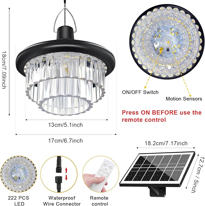 Solar Shed Light Otudoor - Solar Pendant Light Indoor Outdoor with 222 LED 800LM, 3 Modes Motion Sensor with Remote Control for Chicken Coop Barn Patio Gazebo Garage