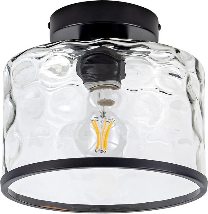 Zlepmlla Glass Ceiling Light, Black Semi Flush Mount with Hammered Glass Shade, Farmhouse Light Fixture for Hallway, Bathroom, Entryway, Kitchen,Living Room