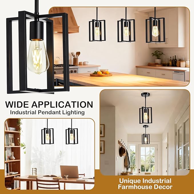 Pendant Light, Adjustable Height Farmhouse Pendant Light Fixtures, 1-Light Black Hanging Light Fixture for Flat&Sloped Ceiling, Metal Frame Pendant Lighting for Kitchen Island Dining Room Entryway