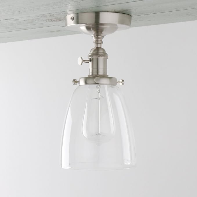 PERMO Modern Small Semi Flush Mount Ceiling Pendant Light Glass Ceiling Lights Hallway Fixtures with Flate Ribbed Glass Lampshade, 1-Light (Brushed, 292)