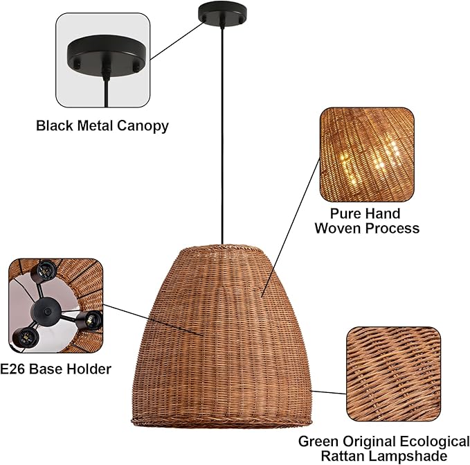 Farmhouse Rattan Chandelier 16.6" 3-Lights Boho Hand Woven Pendant Lights Wicker Dining Room Light Coastal Hanging Lighting Fixtures for Living Room Bedroom Kitchen Sink Restaurant Entryway Foyer
