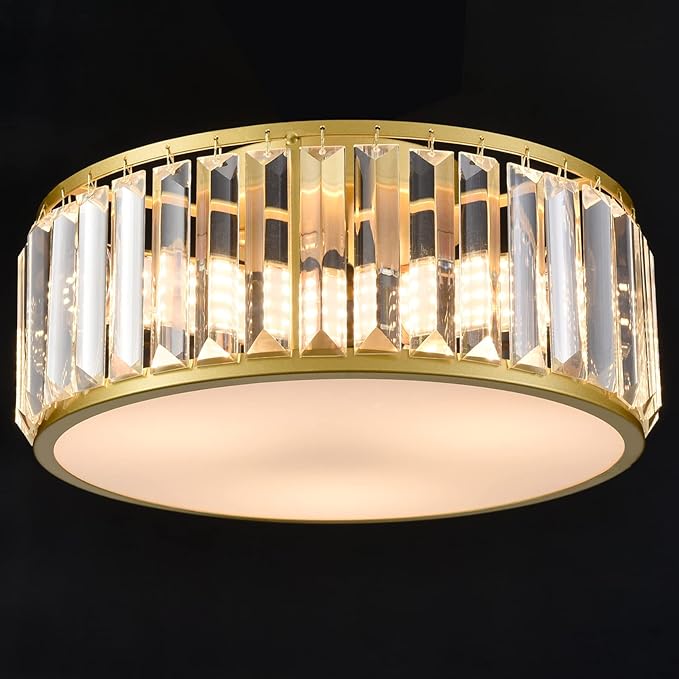 12 Inch Gold Crystal Flush Mount Ceiling Light 3-Light Drum Shade Ceiling Light Fixtures Luxury Crystal Glass Flush Mount Lighting for Bedroom Hallway Bathroom