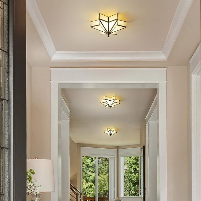 Star Vintage Bronze Ceiling Light - 12.2 Inch Small Milk Glass Antique Flush Mount Fixture - Mid Century Black Art Deco Lighting for Kitchen Hallway Bedroom Bathroom Laundry Entryway Farmhouse Hall