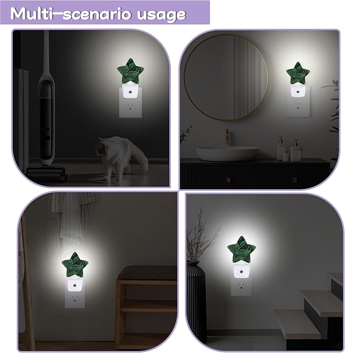 Gold Green Decorative Nightlight Plug in Wall,Tropic Leaves Star Shaped Night Light with Built in Sensor for Home Decor,Kitchen Hallway Stairs Desk Lamp