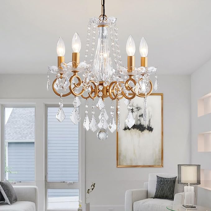 Crystal Chandelier, 5-Light Chandelier for Dining Room Light Fixture, K9 Crystal Pendant Ceiling Light Fixture, Modern Candle Chandelier for Living Room Kitchen Island Entryway Bedroom (Gold)