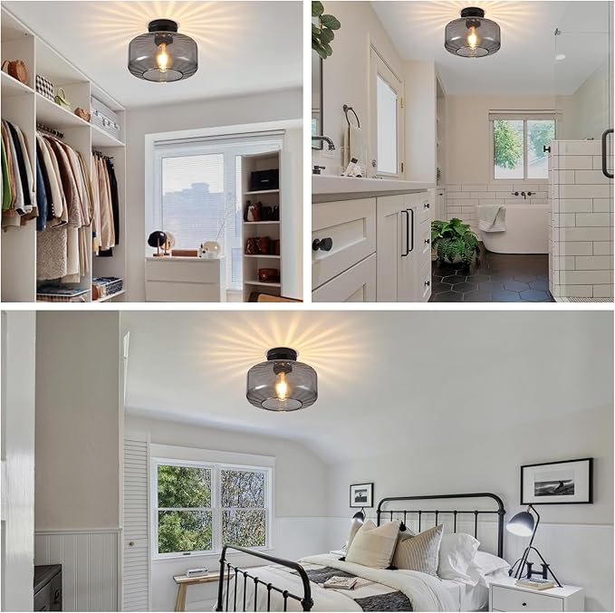 Glass Semi Flush Mount Ceiling Light, Modern Close to Ceiling Light Fixtures with Smoke Grey Glass Shade, Light Fixtures Ceiling Mount for Bathroom Dining Room Bedroom Living Room Hallway, E26 Base