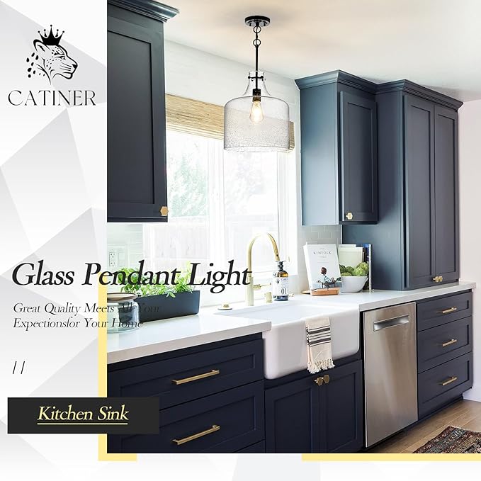 CATINER 12" Black Seeded Glass Pendant Light, Modern Farmhouse Hanging Ceiling Light Fixture for Kitchen Island, Dining Room, Hallway, Hand-Blown Bubble Glass Shade, E26 Dimmable Pendant Lighting