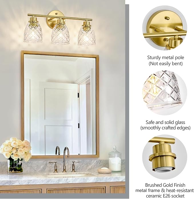 3-Light Bathroom Light Fixtures, Modern Brushed Gold Vanity Light Over Mirror, Wall Sconce with Clear Hammered Glass Shades, E26 Base (Bulbs Not Included)