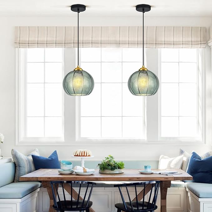 Mikeru 2-Pack Mint Glass Pendant Lights Kitchen Island Lighting Single Globe Pendant Light Fixtures Century Modern Kitchen Island Pendant Lighting for Bedroom Living Dining Room Light (Without Bulbs)