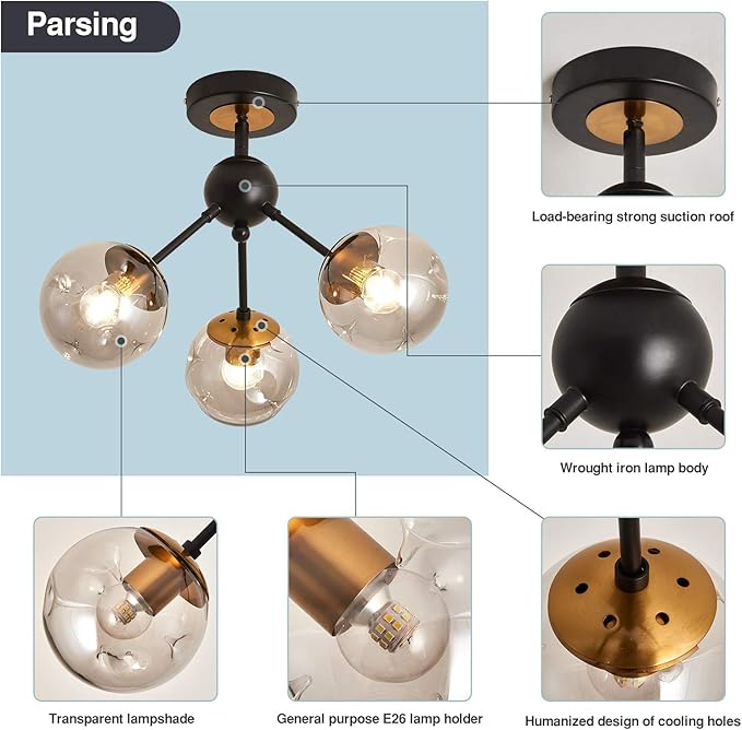 SZXYKEJI 3-Light Chandelier ,Vintage Semi Flush Mount Ceiling Light Fixture with Glass Globe, Black Ceiling Light for Hallway Stairway Porch Entryway Kitchen Bedroom Laundry Farmhouse..