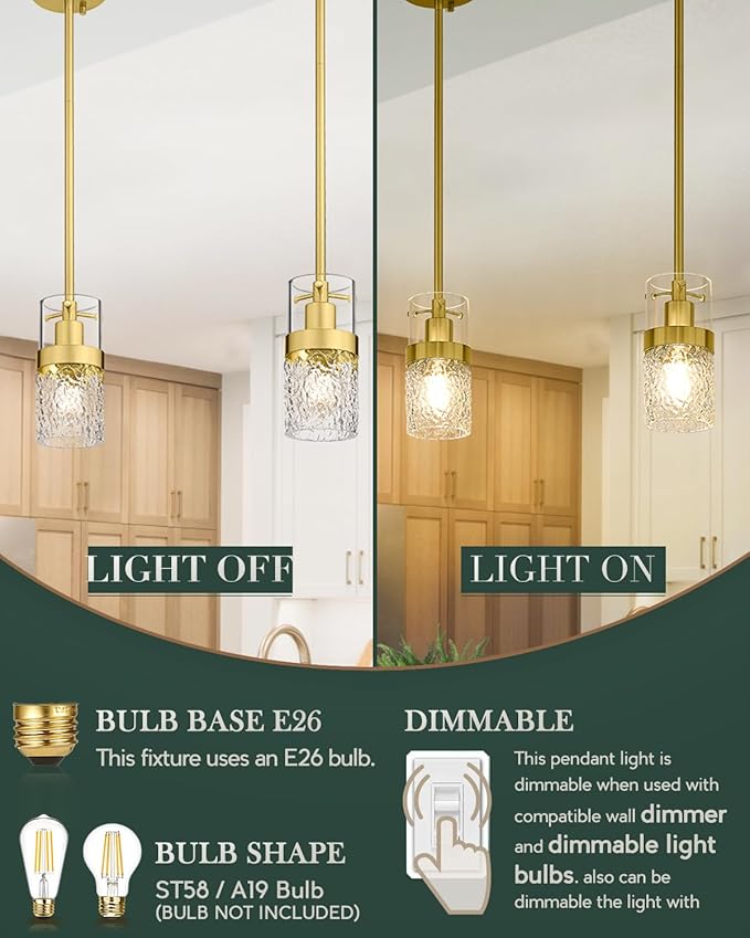 LMS 2-Pack Modern Pendant Lights, Brushed Gold Pendant Light Kitchen Island with Hammered Glass, Adjustable Hanging Light Fixtures for Kitchen, Dining Room, Living Room, LMS-171GD2