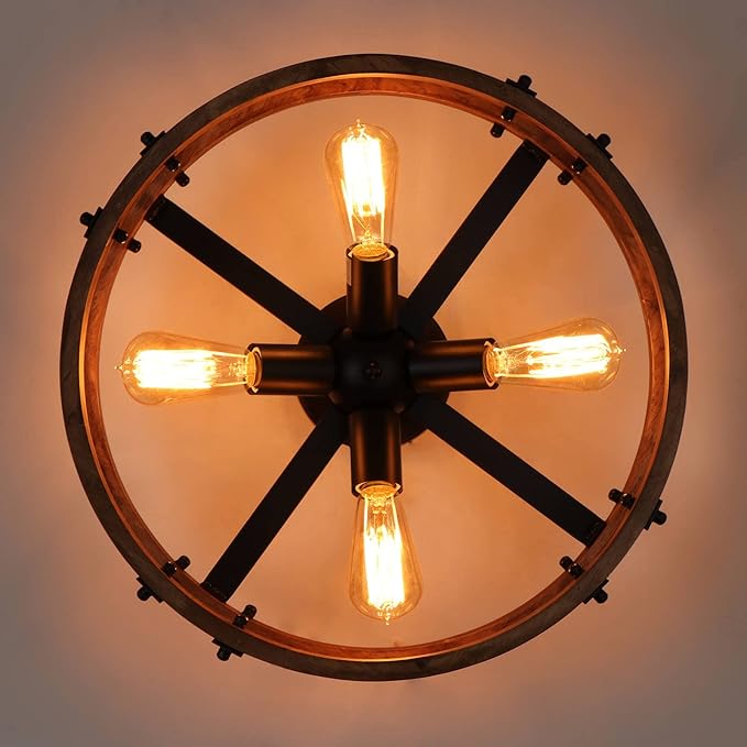Semi Flush Mount Ceiling Light Fixture, Modern Farmhouse Wood Drum Ceiling Lamp, Rustic Close to Ceiling Lighting for Hallway Entryway Laundry Room Bedroom (Bulb Not Included)