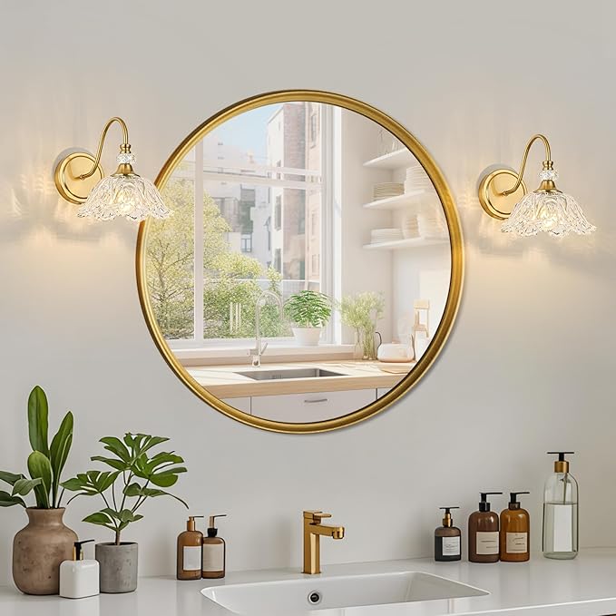1 Piece Gold Wall Sconce with Floral Clear Glass Shade, Brushed Gold Finish Wall Mount Lighting for Bathroom,Vintage Bathroom Vanity Light Fixtures