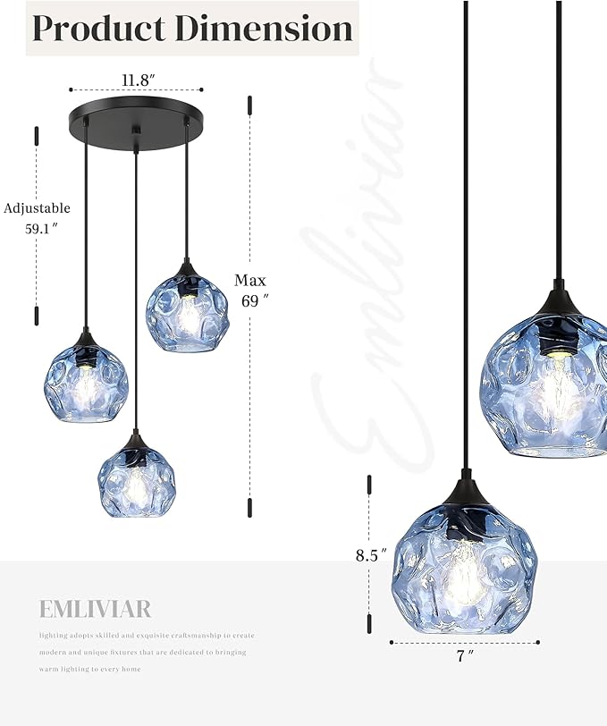 Emliviar 3-Light Globe Hanging Lights, Foyer Chandeliers with Hammered Glass Shade, Cluster Hanging Lights in Blue Finish, DYE287G1-3 BK