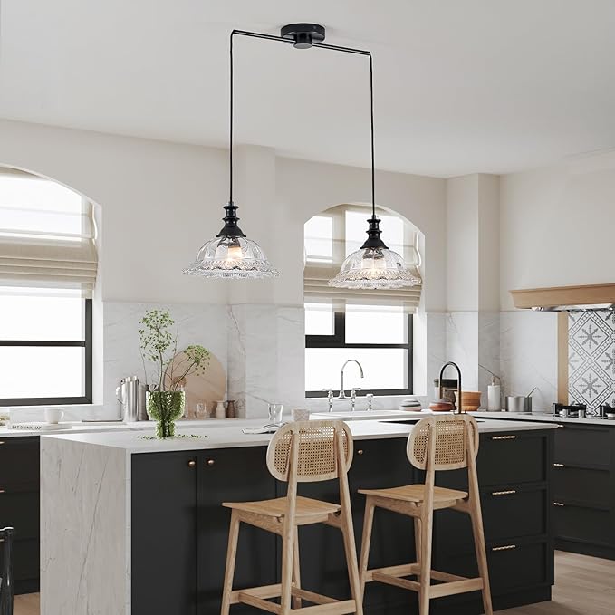 HDDFL 2 Light Pendant Light Fixtures Modern Glass Hanging Lights with Adjustable Cord for Kitchen Island Dining Room Living Room Hallway Black Metal