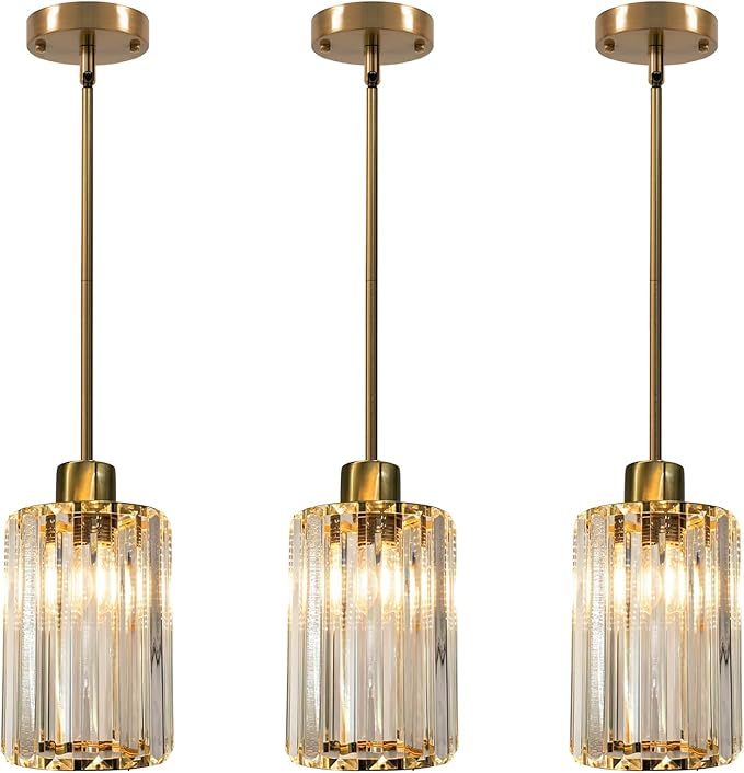 3-Pack Gold Crystal Pendant Lights for Kitchen Island, Adjustable Modern Hanging Light Fixtures for Flat or Sloped Ceiling, E26 Mini Pendant Lights with Crystal Glass Shade for Dining Room Bar