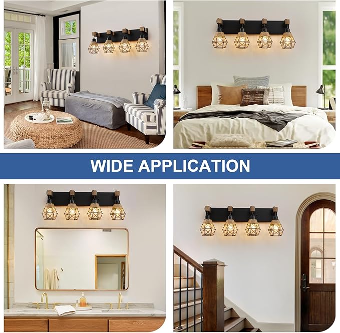 LmnLvn Farmhouse Bathroom Light Fixture, 4-Light Black Rattan Vanity Light, Boho Bathroom Light Fixture Over Mirror Rustic Vanity Lighting with Handwoven Shades, Suit for Restroom, Bedroom, Hallway