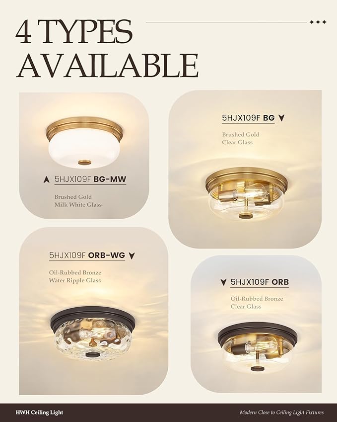 Farmhouse Ceiling Light Fixtures, HWH 2-Light Flush Mount Ceiling Light for Bedroom, Indoor Ceiling Mount Light with Water Ripple Glass, Oil-Rubbed Bronze Finish, 5HJX109F ORB-WG