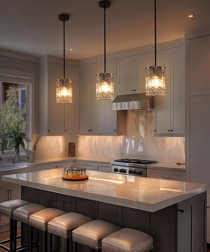 3 Pack Modern Black Pendant Light Over Kitchen Island, Hand-Made Water Ripple Glass Chandelier, Matte Black Adjustable Hanging Ceiling Light Fixture for Dining Room, E26 Base, 6" x 83"