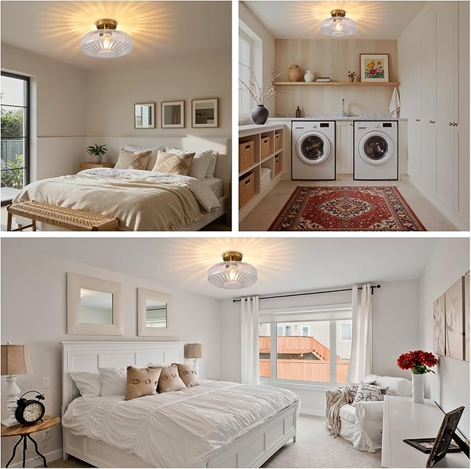 Semi Flush Mount Ceiling Light, 11.8 Inch Vintage Clear Crystal Glass Ceiling Light Fixture,Dining Room Lighting Fixtures for Kitchen, Hallway, Foyer, Bedroom, Bathroom, E26 Base (Bulb Not Included)