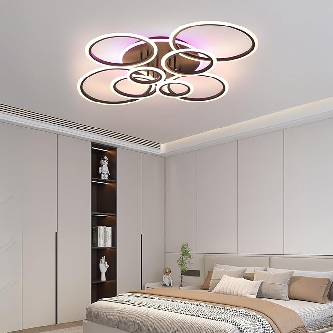 Modern LED Ceiling Light,41.3'' Dimmable Flush Mount Ceiling Lights with Remote,Acrylic Round Ceiling Lighting Fixture for Living Room Dining Room Bedroom Kitchen(Black,8 Rings,80W)